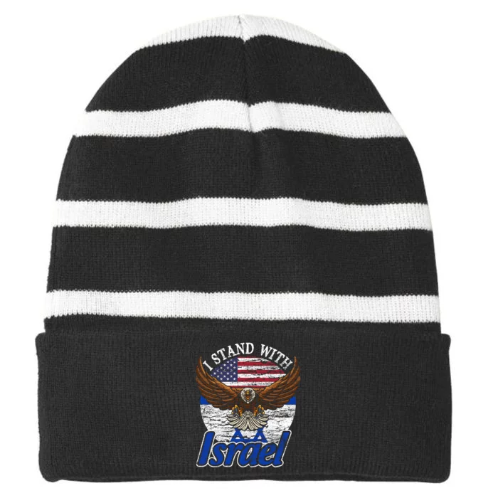 I Stand With Israel Pray For Israel Eagle Design Striped Beanie with Solid Band