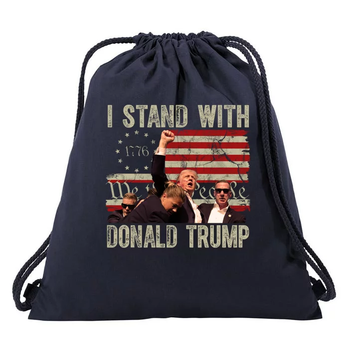 I Stand With Donald Trump 2024 Vintage Usa Flag Fight Drawstring Bag