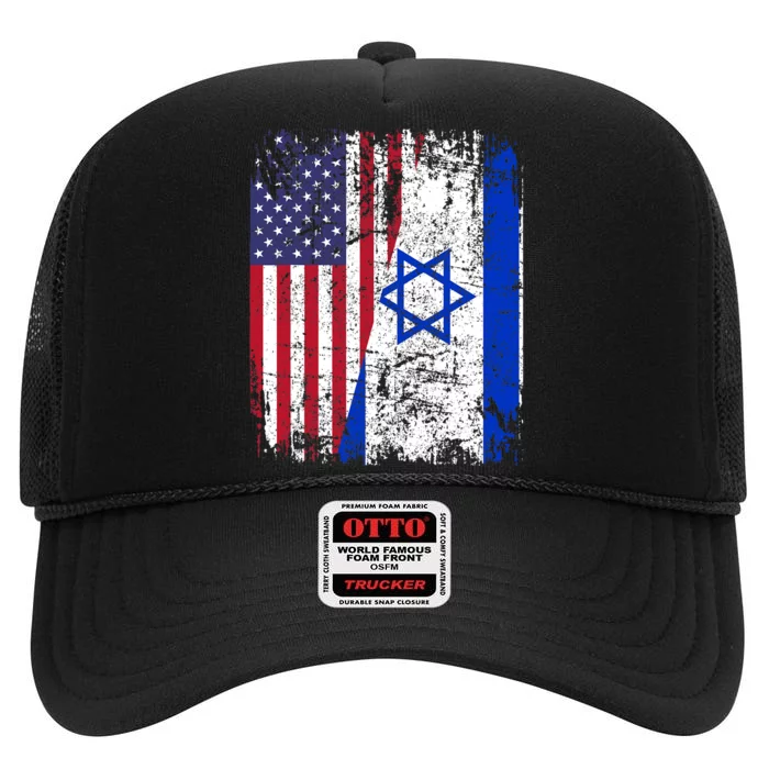 I Stand With Israel Usa American Flag W/ Israel Flag High Crown Mesh Trucker Hat