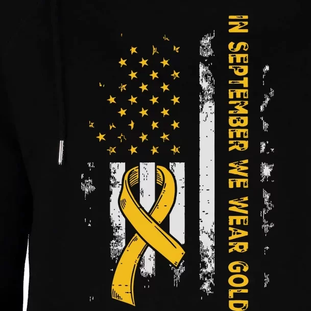 In September We Wear Gold Us Flag Childhood Cancer Awareness Womens Funnel Neck Pullover Hood