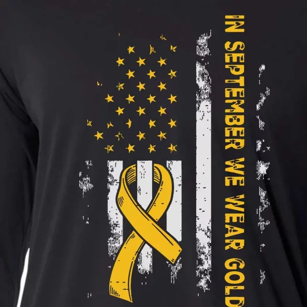 In September We Wear Gold Us Flag Childhood Cancer Awareness Cooling Performance Long Sleeve Crew