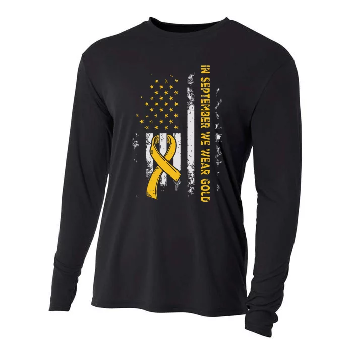 In September We Wear Gold Us Flag Childhood Cancer Awareness Cooling Performance Long Sleeve Crew