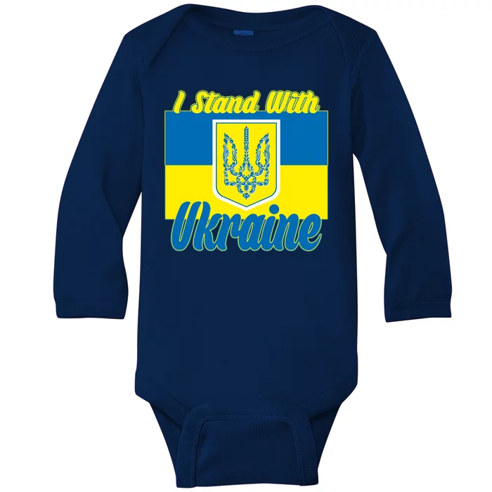 I Stand With Ukraine Coat Of Arms Flag Support Ukraine Baby Long Sleeve Bodysuit