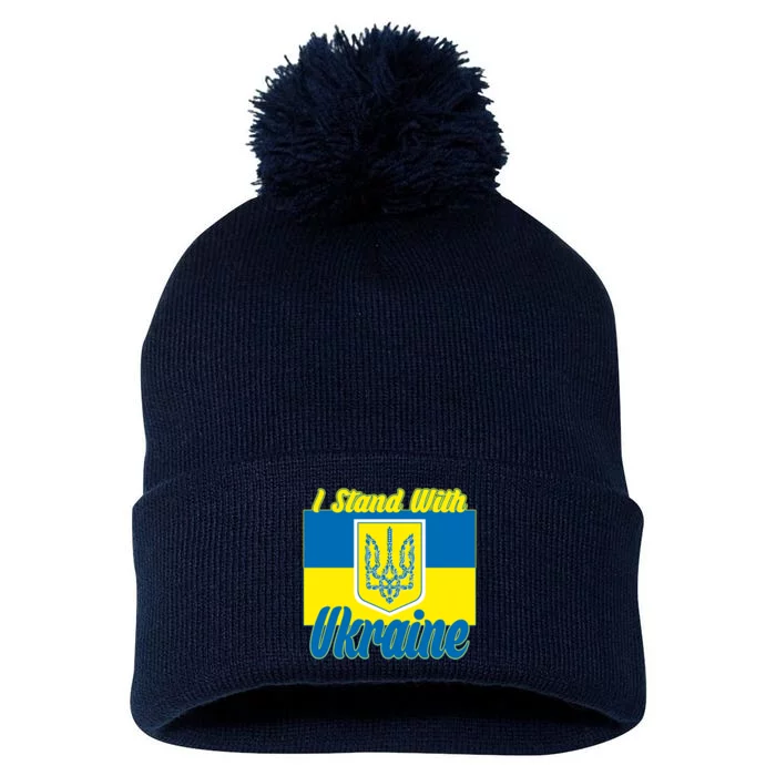 I Stand With Ukraine Coat Of Arms Flag Support Ukraine Pom Pom 12in Knit Beanie