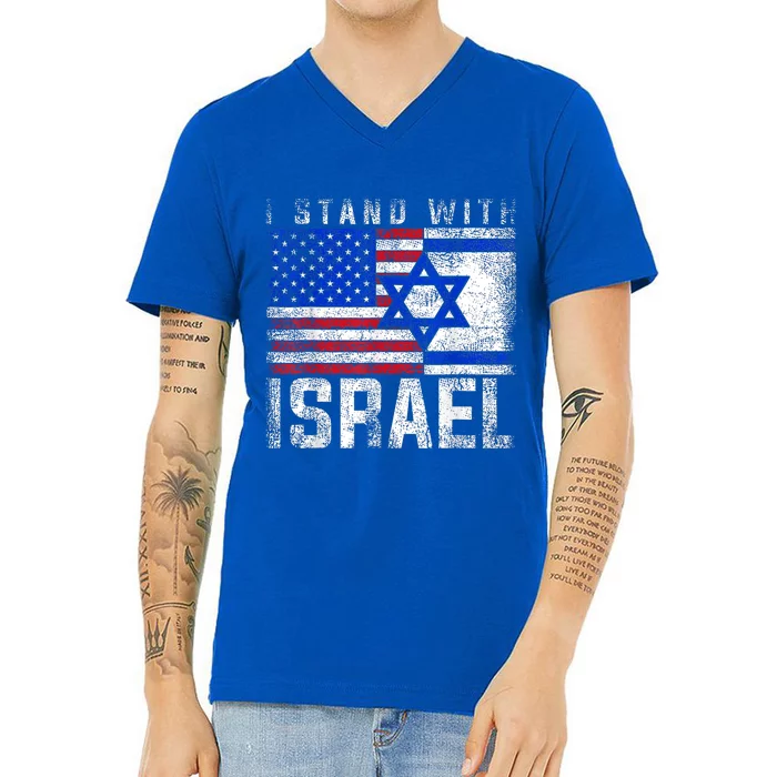 I Stand With Israel Patriotic USA and Israel Flag V-Neck T-Shirt