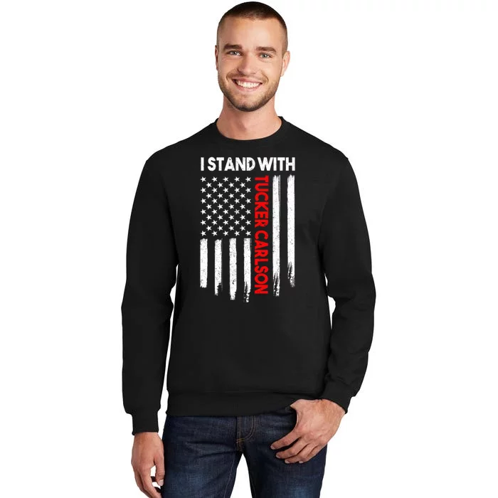 I Stand With Tucker Carlson Vintage American Flag Tall Sweatshirt