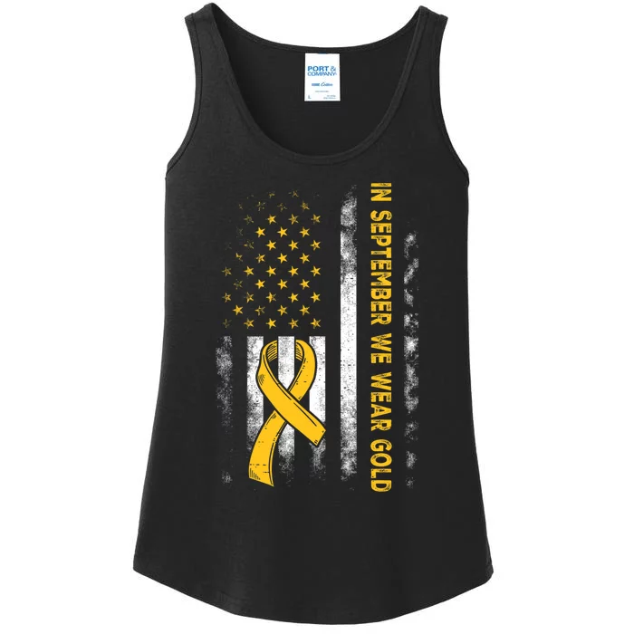 In September We Wear Gold Us Flag Childhood Cancer Awareness Ladies Essential Tank