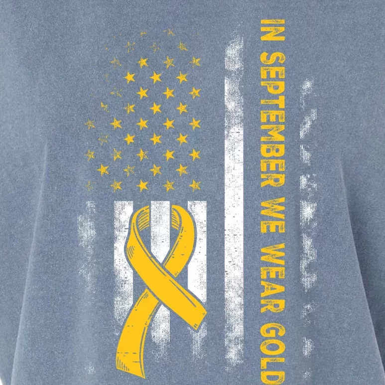 In September We Wear Gold Us Flag Childhood Cancer Awareness Garment-Dyed Women's Muscle Tee