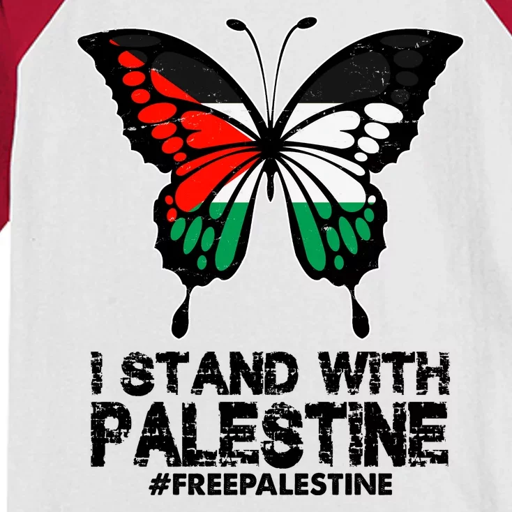 I Stand With Palestine Free Palestine Butterfly Kids Colorblock Raglan Jersey