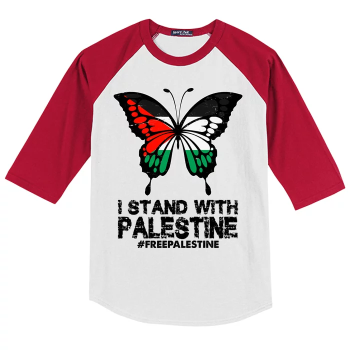 I Stand With Palestine Free Palestine Butterfly Kids Colorblock Raglan Jersey