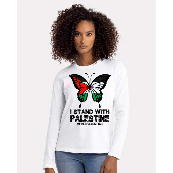 I Stand With Palestine Free Palestine Butterfly Womens Cotton Relaxed Long Sleeve T-Shirt