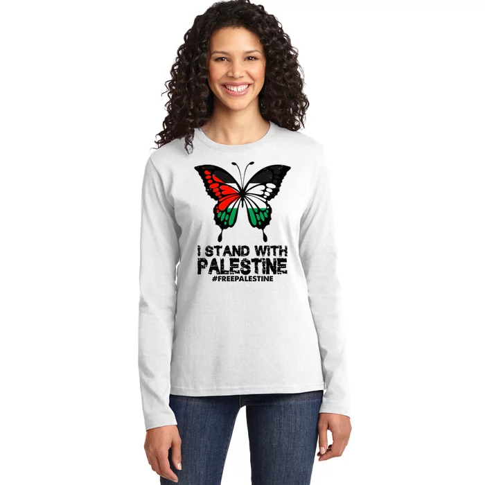 I Stand With Palestine Free Palestine Butterfly Ladies Long Sleeve Shirt