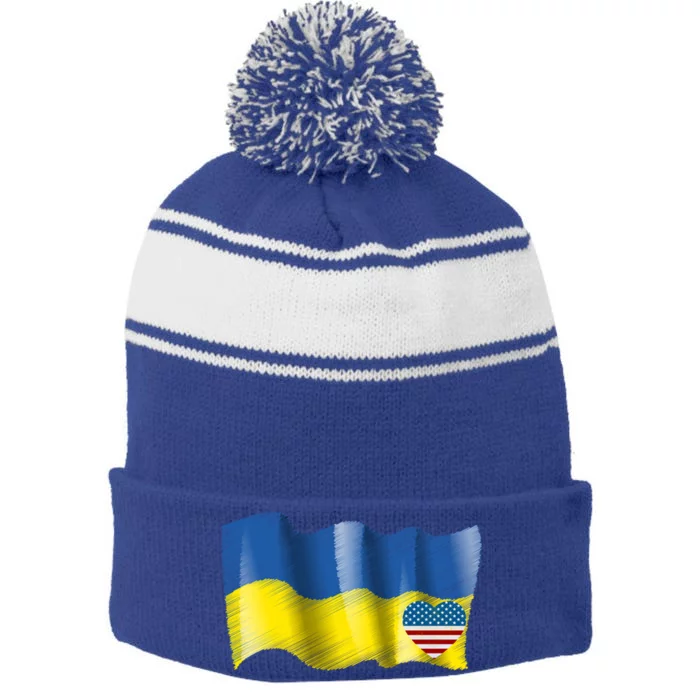 I Stand With Ukraine With Heart American Flag Gift Stripe Pom Pom Beanie