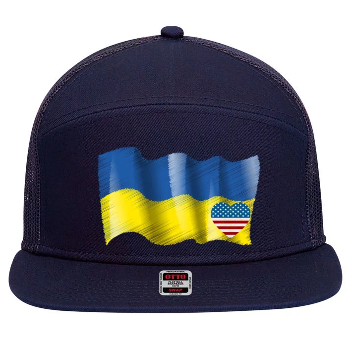 I Stand With Ukraine With Heart American Flag Gift 7 Panel Mesh Trucker Snapback Hat