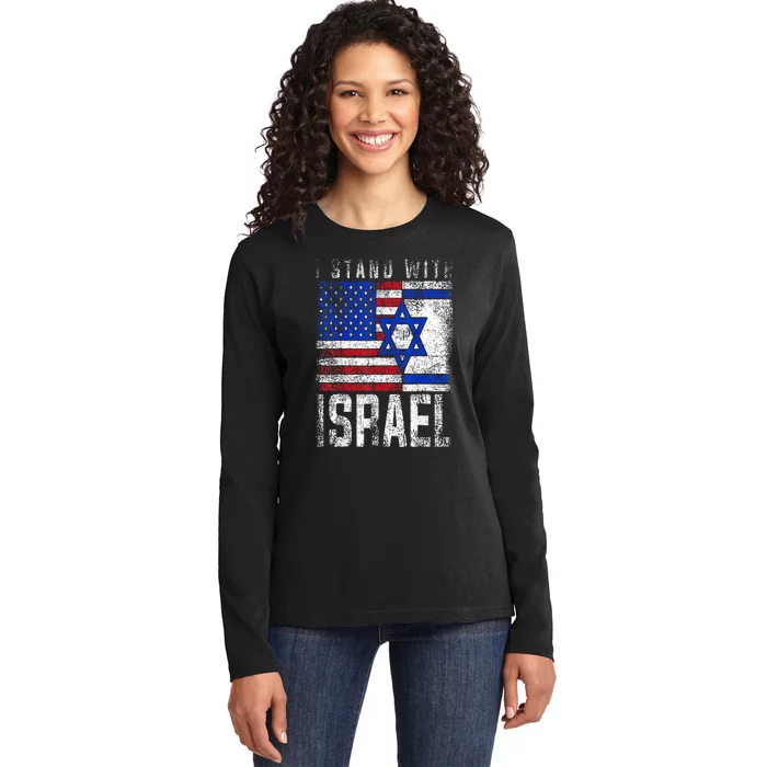 I Stand With Israel Patriotic USA and Israel Flag Ladies Long Sleeve Shirt