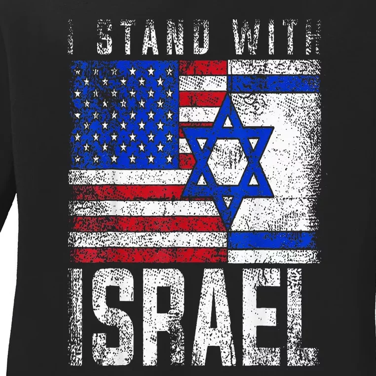 I Stand With Israel Patriotic USA and Israel Flag Ladies Long Sleeve Shirt