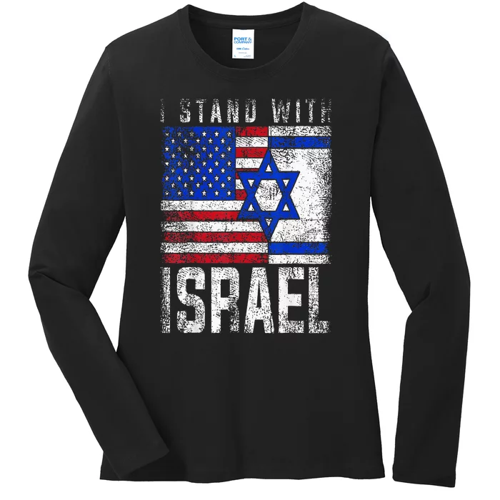 I Stand With Israel Patriotic USA and Israel Flag Ladies Long Sleeve Shirt