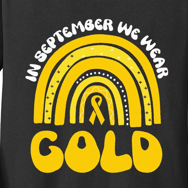 in september we wear gold childhood cancer awareness rainbow Kids Long Sleeve Shirt