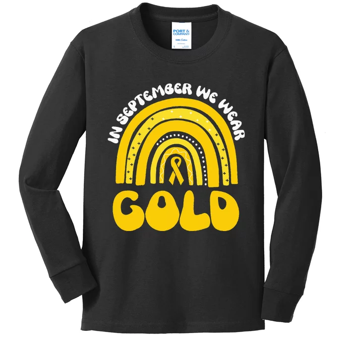 in september we wear gold childhood cancer awareness rainbow Kids Long Sleeve Shirt