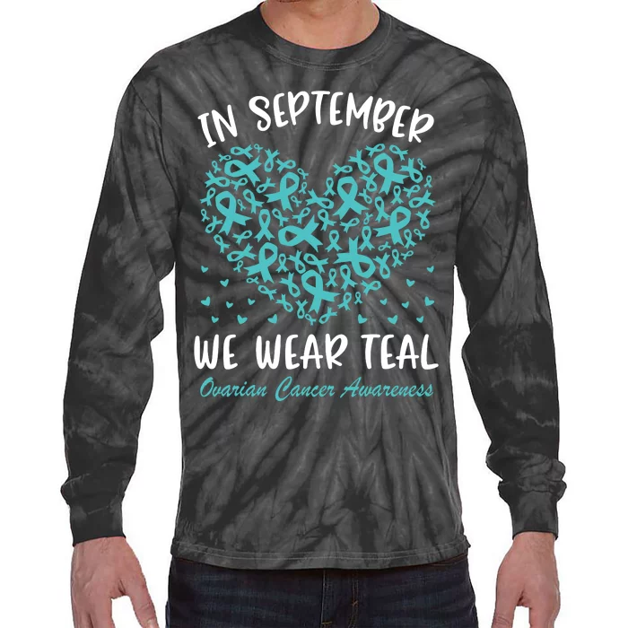 In September We Wear Teal Ovarian Cancer Awareness Hearts Tie-Dye Long Sleeve Shirt