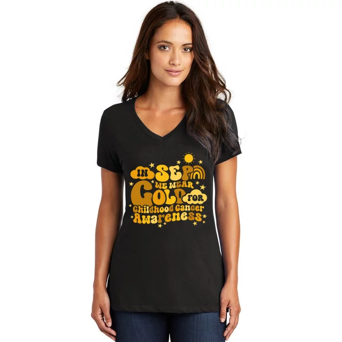 In September We Wear Gold  Childhood Cancer Awareness Women's V-Neck T-Shirt