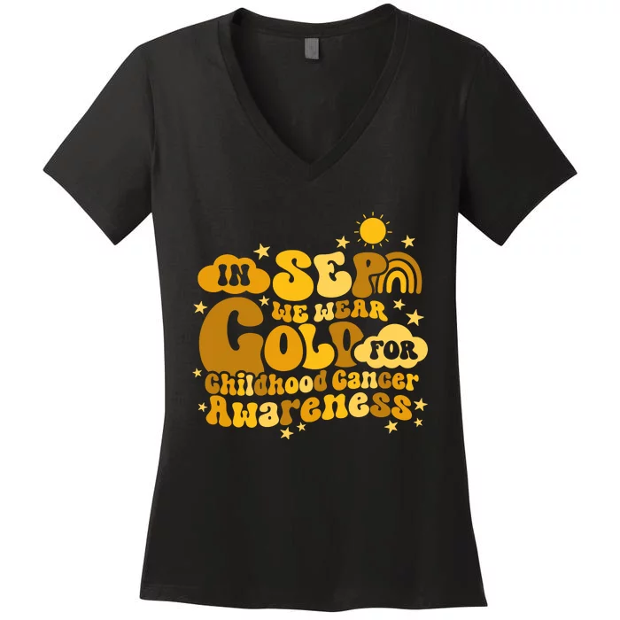 In September We Wear Gold  Childhood Cancer Awareness Women's V-Neck T-Shirt