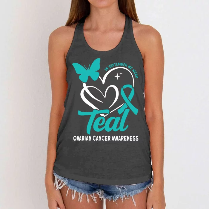 In September We Wear Teal Ovarian Cancer Awareness Women's Knotted Racerback Tank