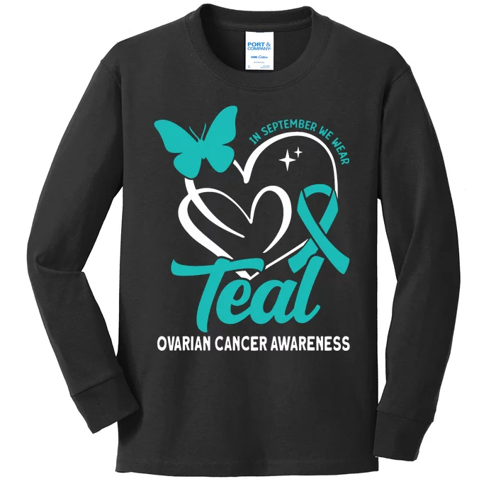 In September We Wear Teal Ovarian Cancer Awareness Kids Long Sleeve Shirt