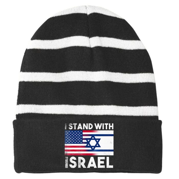 I Stand With Israel Pray For Israel US and Israel Flag Striped Beanie with Solid Band