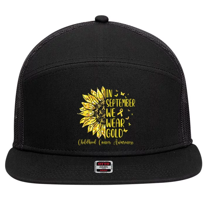 In September We Wear Gold Childhood Cancer Awareness 7 Panel Mesh Trucker Snapback Hat