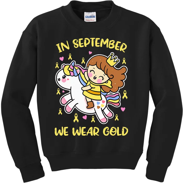 in september we wear gold unicorn childhood cancer awareness Kids Sweatshirt