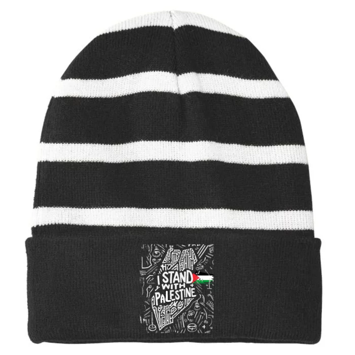 I Stand With Palestine Quote A Free Palestine Design Striped Beanie with Solid Band