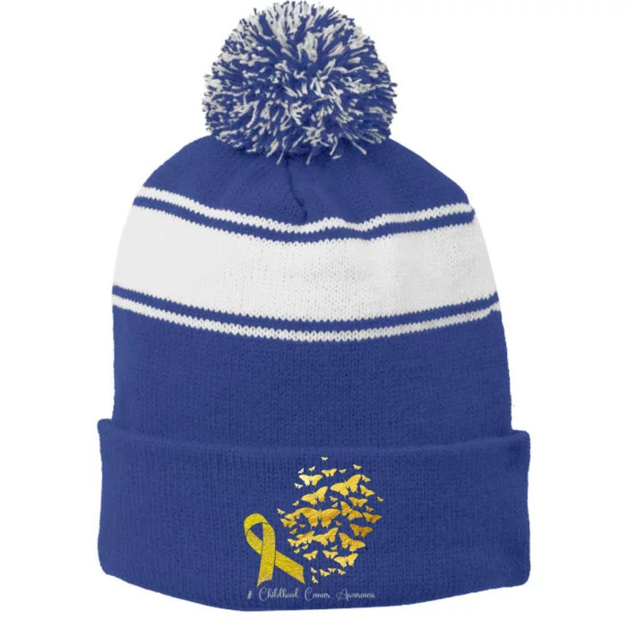 In September We Wear Gold Hood Cancer Awareness Gift Stripe Pom Pom Beanie