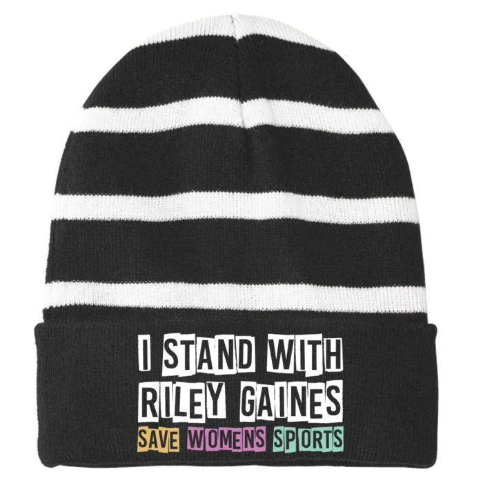 I Stand With Riley Gaines | Save Womens Sports Striped Beanie with Solid Band