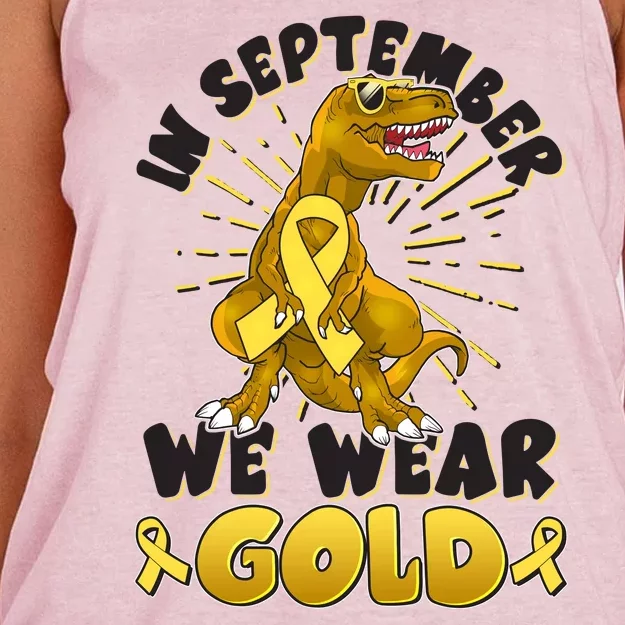 In September We Wear Gold Trex Dinosaur Childhood Cancer Awareness Women's Knotted Racerback Tank