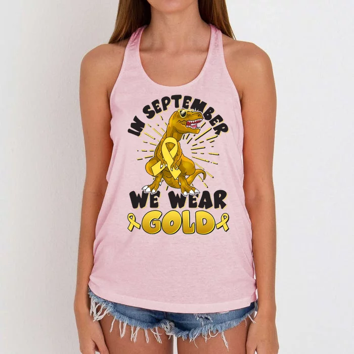 In September We Wear Gold Trex Dinosaur Childhood Cancer Awareness Women's Knotted Racerback Tank