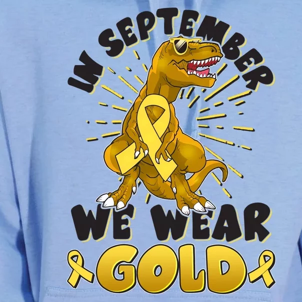 In September We Wear Gold Trex Dinosaur Childhood Cancer Awareness Unisex Surf Hoodie