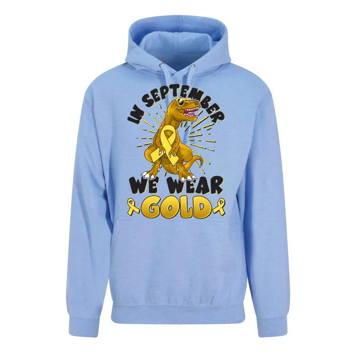 In September We Wear Gold Trex Dinosaur Childhood Cancer Awareness Unisex Surf Hoodie