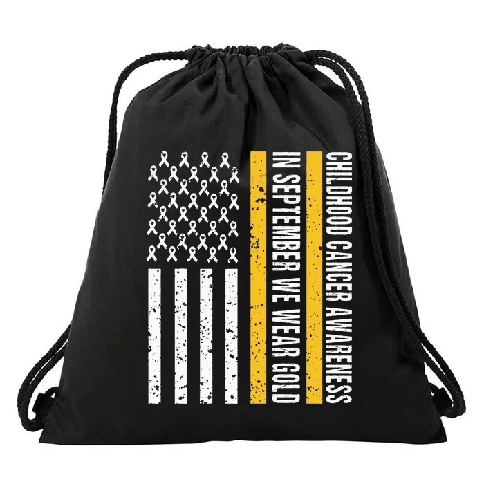 In September We Wear Gold Childhood Cancer Awareness Flag Drawstring Bag