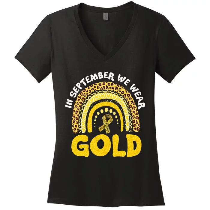 In September We Wear Gold Childhood Cancer Awareness Leopard Women's V-Neck T-Shirt