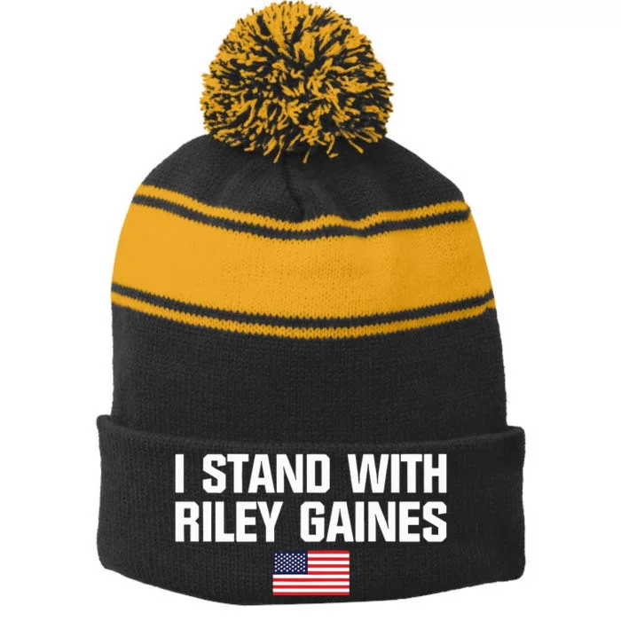 I Stand With Riley Gaines US Swimmer Save Womens Sports American Flag Stripe Pom Pom Beanie