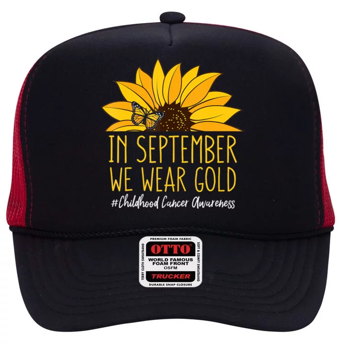 In September Wear Gold Childhood Cancer Awareness Sunflower High Crown Mesh Trucker Hat