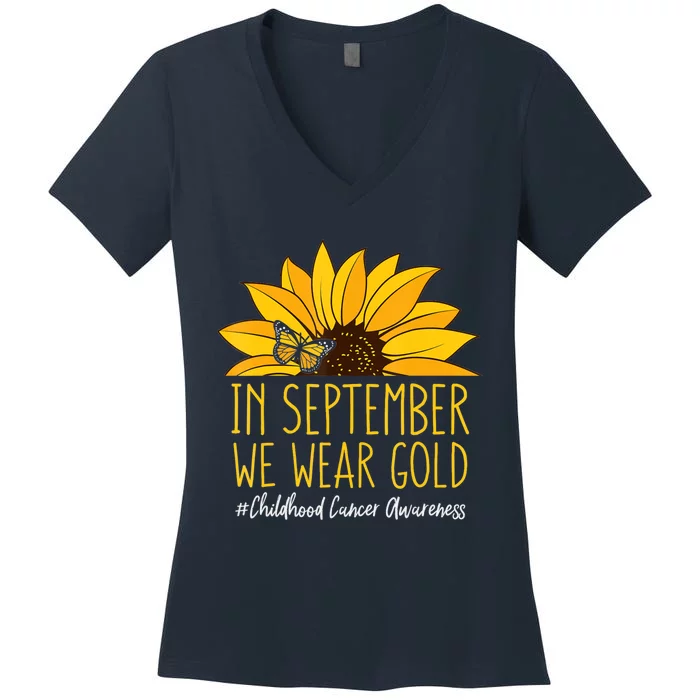 In September Wear Gold Childhood Cancer Awareness Sunflower Women's V-Neck T-Shirt