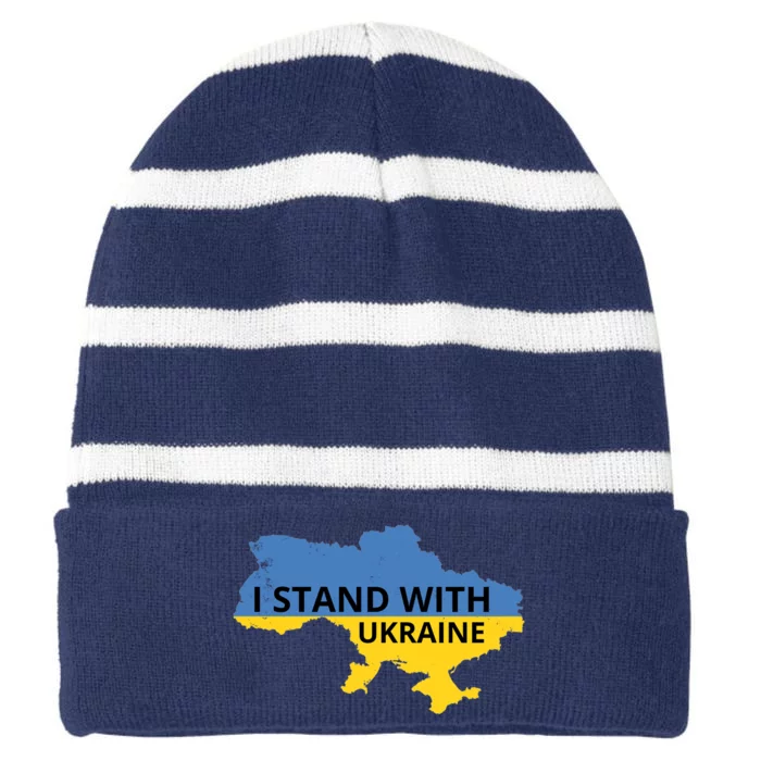 I Stand With Ukraine Map Striped Beanie with Solid Band