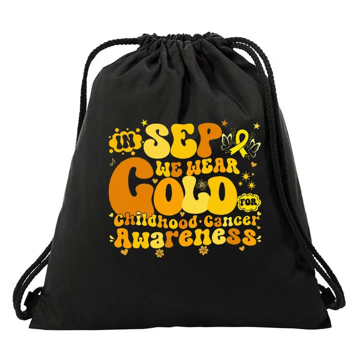 In September We Wear Gold Childhood Cancer Awareness Groovy Drawstring Bag