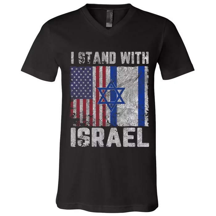 I Stand With Israel Patriotic Usa And Israel Flag Vintage Design V-Neck T-Shirt