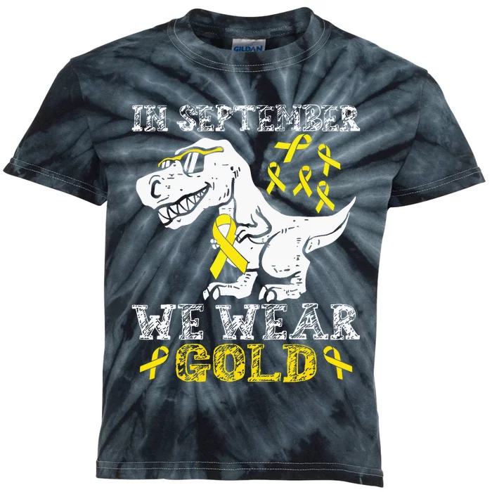 In September We Wear Gold Trex Childhood Cancer Awareness Kids Tie-Dye T-Shirt