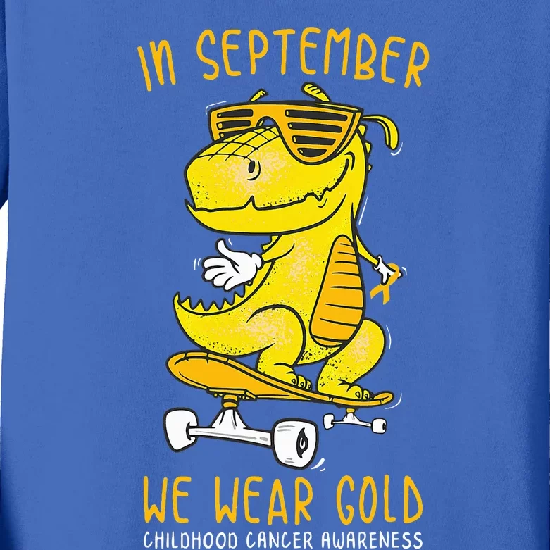 In September We Wear Gold Childhood Cancer Awareness TRex Kids Long Sleeve Shirt