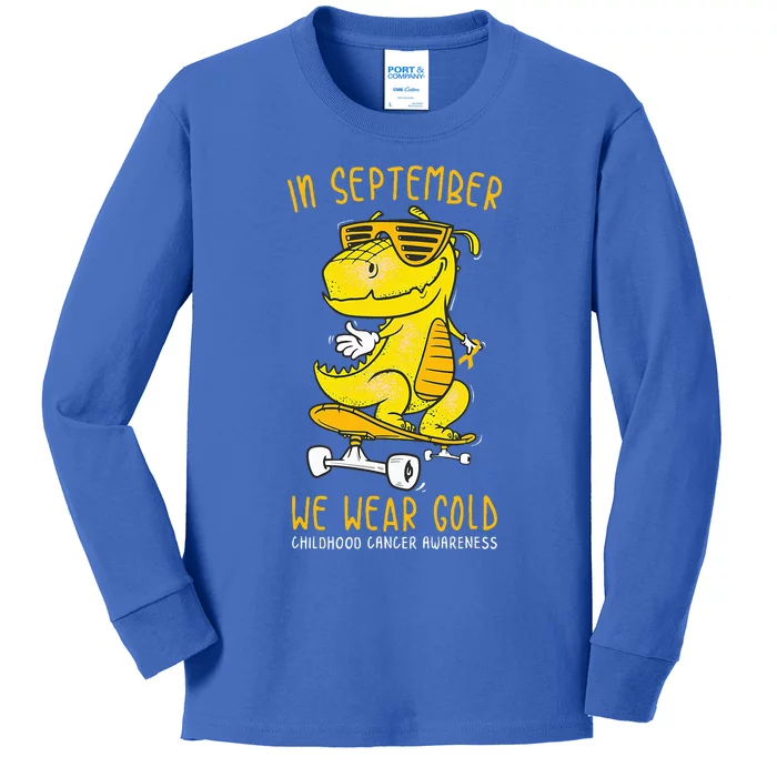 In September We Wear Gold Childhood Cancer Awareness TRex Kids Long Sleeve Shirt