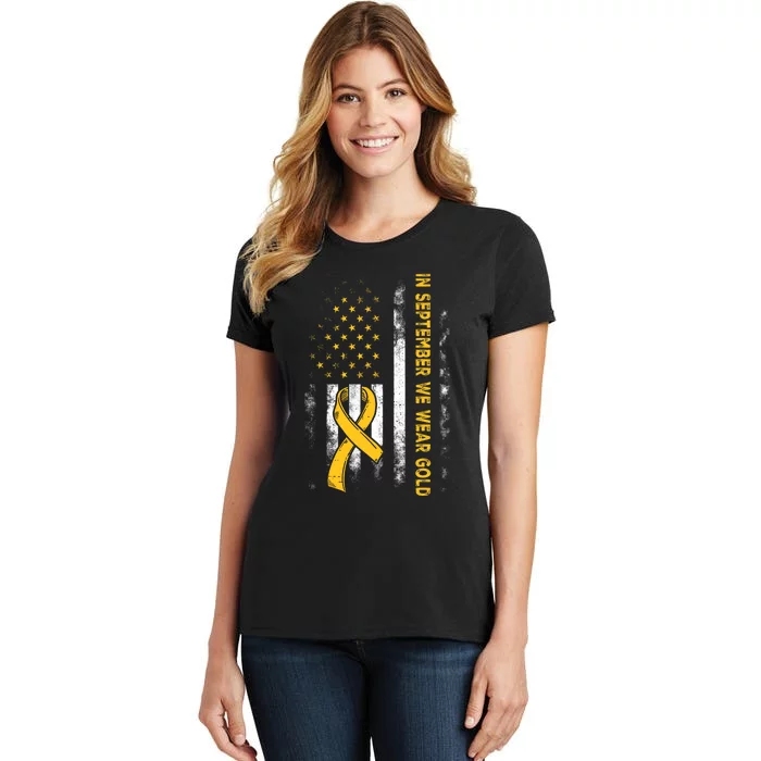 In September We Wear Gold Us Flag Childhood Cancer Awareness Women's T-Shirt